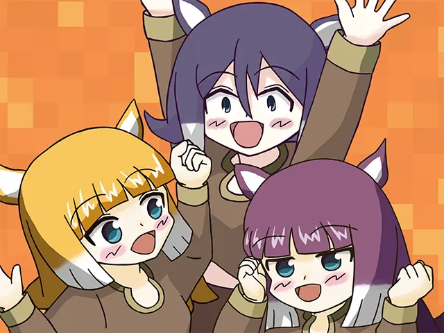 「またなつころも」による2026年の新年イラスト。波瀬そらと、咲栖姉妹（咲栖こはぎ＆咲栖きなこ）。